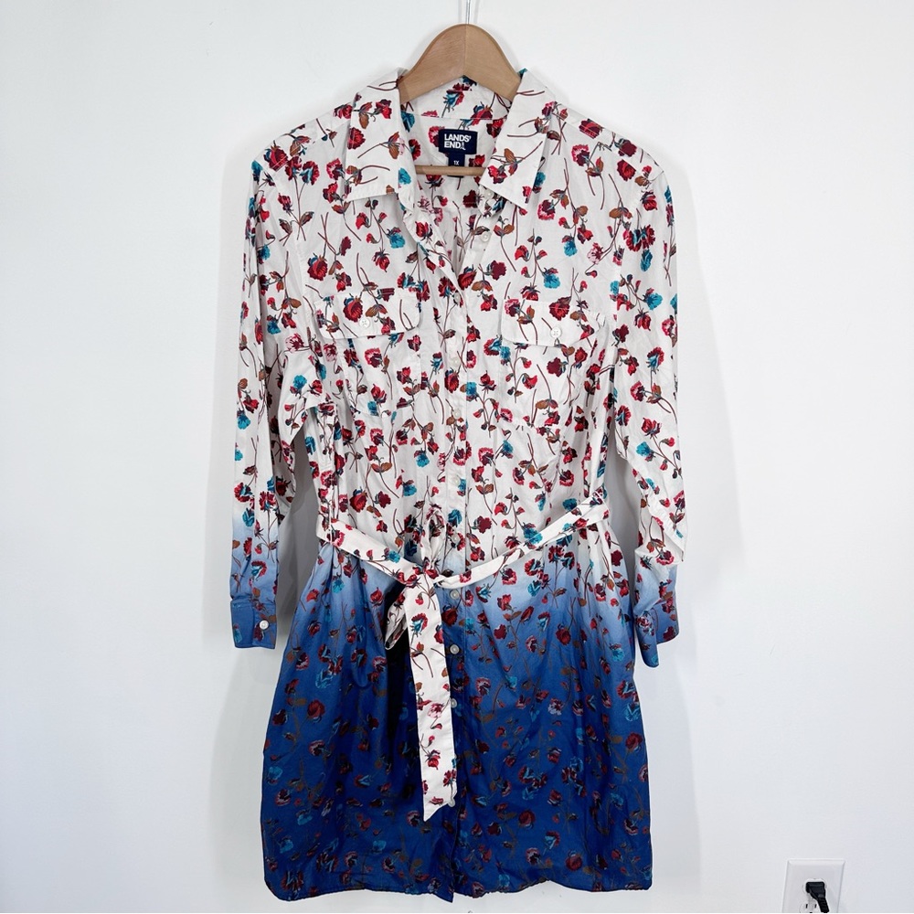 Lands' End Floral Dip-Dye Long Sleeve Shirt Dress in White and Blue